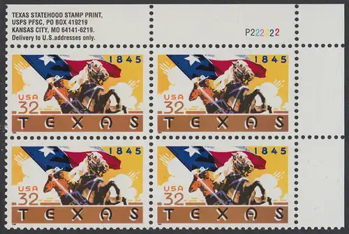 USA Michel 2575 / Scott 2968 postfrisch PLATEBLOCK ECKRAND oben rechts m/ Platten-# P222222 (c) - 150 Jahre Staat Texas: Reiter mit texanischer Fahne