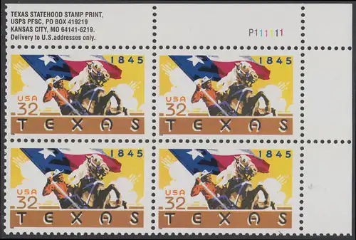 USA Michel 2575 / Scott 2968 postfrisch PLATEBLOCK ECKRAND oben rechts m/ Platten-# P111111 (b) - 150 Jahre Staat Texas: Reiter mit texanischer Fahne