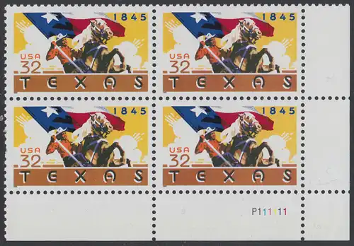 USA Michel 2575 / Scott 2968 postfrisch PLATEBLOCK ECKRAND unten rechts m/ Platten-# P111111 (b) - 150 Jahre Staat Texas: Reiter mit texanischer Fahne