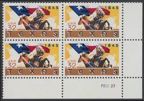 USA Michel 2575 / Scott 2968 postfrisch PLATEBLOCK ECKRAND unten rechts m/ Platten-# P222222 (c) - 150 Jahre Staat Texas: Reiter mit texanischer Fahne
