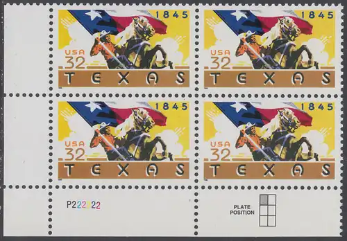 USA Michel 2575 / Scott 2968 postfrisch PLATEBLOCK ECKRAND unten links m/ Platten-# P222222 (b) - 150 Jahre Staat Texas: Reiter mit texanischer Fahne