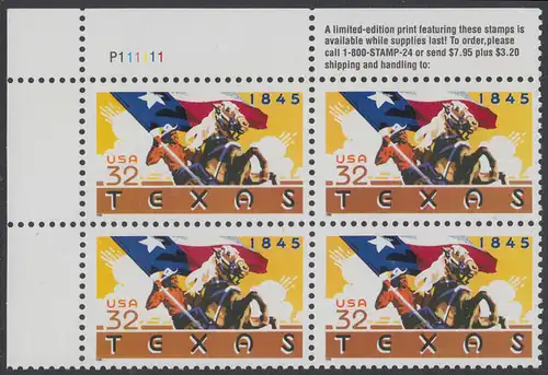 USA Michel 2575 / Scott 2968 postfrisch PLATEBLOCK ECKRAND oben links m/ Platten-# P111111 (b) - 150 Jahre Staat Texas: Reiter mit texanischer Fahne