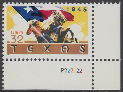 USA Michel 2575 / Scott 2968 postfrisch EINZELMARKE ECKRAND unten rechts m/ Platten-# P222222 - 150 Jahre Staat Texas: Reiter mit texanischer Fahne