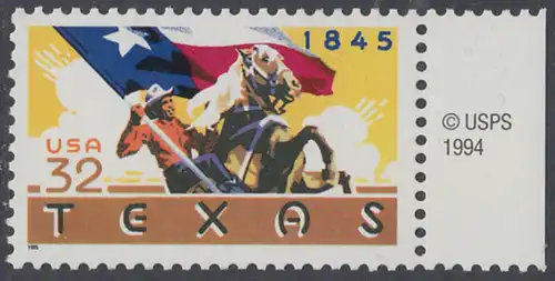 USA Michel 2575 / Scott 2968 postfrisch EINZELMARKE RAND rechts m/ copyright symbol - 150 Jahre Staat Texas: Reiter mit texanischer Fahne