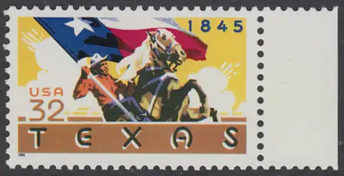 USA Michel 2575 / Scott 2968 postfrisch EINZELMARKE RAND rechts - 150 Jahre Staat Texas: Reiter mit texanischer Fahne