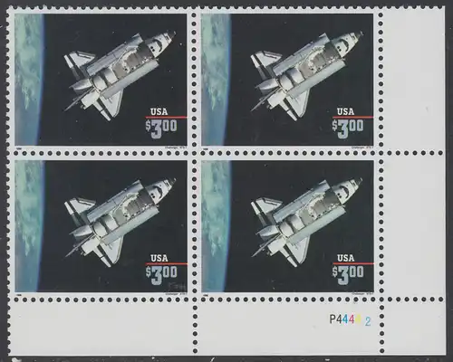 USA Michel 2581 / Scott 2544 postfrisch PLATEBLOCK ECKRAND unten rechts m/ Platten-# P44442 - Schnellpostmarke: Raumfahrzeug