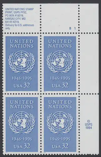USA Michel 2582 / Scott 2974 postfrisch PLATEBLOCK ECKRAND oben rechts m/ Platten-# B1 (c) - 50 Jahre Vereinte Nationen (UNO).