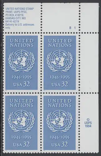 USA Michel 2582 / Scott 2974 postfrisch PLATEBLOCK ECKRAND oben rechts m/ Platten-# B1 (e) - 50 Jahre Vereinte Nationen (UNO).