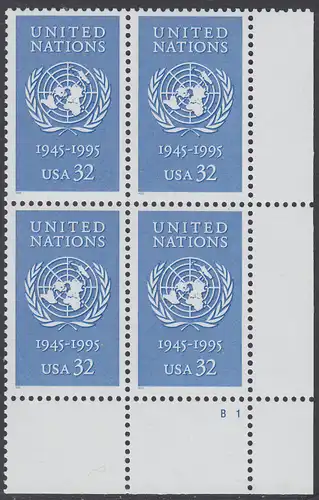 USA Michel 2582 / Scott 2974 postfrisch PLATEBLOCK ECKRAND unten rechts m/ Platten-# B1 (b) - 50 Jahre Vereinte Nationen (UNO)
