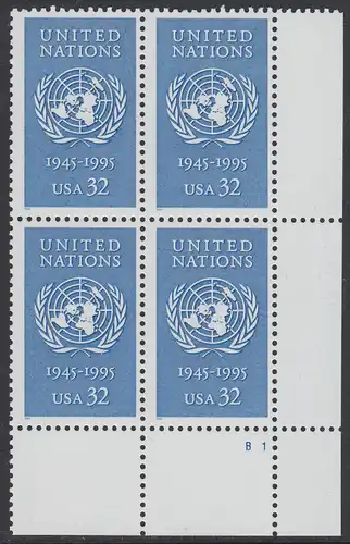 USA Michel 2582 / Scott 2974 postfrisch PLATEBLOCK ECKRAND unten rechts m/ Platten-# B1 (d) - 50 Jahre Vereinte Nationen (UNO)