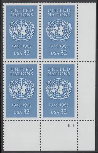 USA Michel 2582 / Scott 2974 postfrisch PLATEBLOCK ECKRAND unten rechts m/ Platten-# B1 (e) - 50 Jahre Vereinte Nationen (UNO)