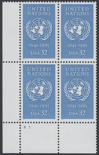 USA Michel 2582 / Scott 2974 postfrisch PLATEBLOCK ECKRAND unten links m/ Platten-# B1 (a) - 50 Jahre Vereinte Nationen (UNO)