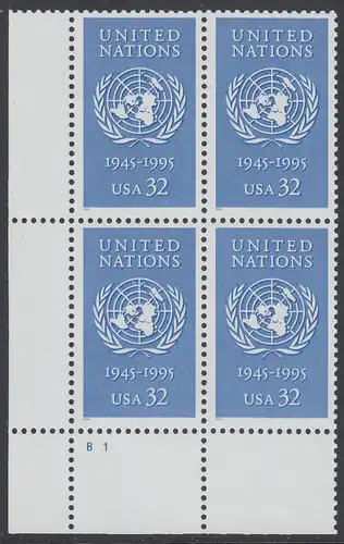 USA Michel 2582 / Scott 2974 postfrisch PLATEBLOCK ECKRAND unten links m/ Platten-# B1 (b) - 50 Jahre Vereinte Nationen (UNO)