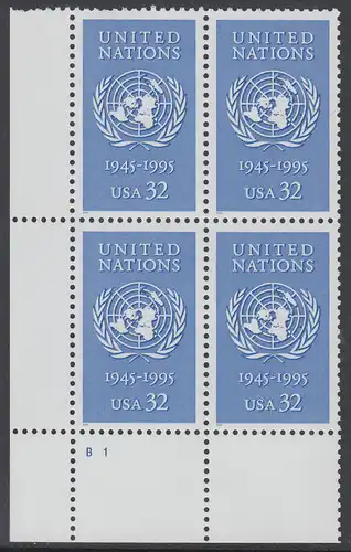 USA Michel 2582 / Scott 2974 postfrisch PLATEBLOCK ECKRAND unten links m/ Platten-# B1 (c) - 50 Jahre Vereinte Nationen (UNO)