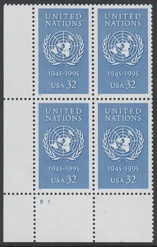 USA Michel 2582 / Scott 2974 postfrisch PLATEBLOCK ECKRAND unten links m/ Platten-# B1 (d) - 50 Jahre Vereinte Nationen (UNO)