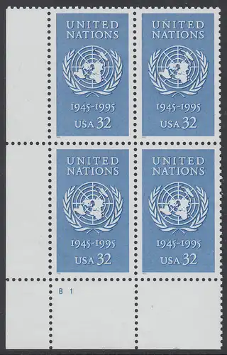 USA Michel 2582 / Scott 2974 postfrisch PLATEBLOCK ECKRAND unten links m/ Platten-# B1 (e) - 50 Jahre Vereinte Nationen (UNO)