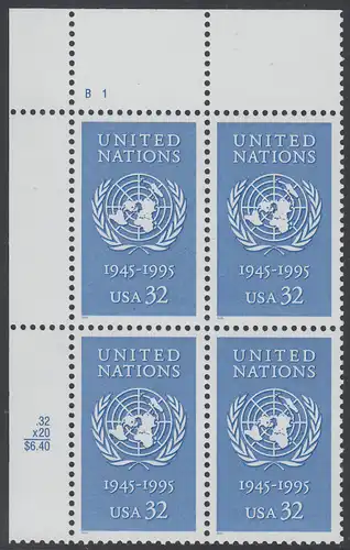 USA Michel 2582 / Scott 2974 postfrisch PLATEBLOCK ECKRAND oben links m/ Platten-# B1 (a) - 50 Jahre Vereinte Nationen (UNO)