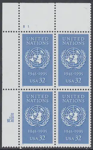 USA Michel 2582 / Scott 2974 postfrisch PLATEBLOCK ECKRAND oben links m/ Platten-# B1 (b) - 50 Jahre Vereinte Nationen (UNO)