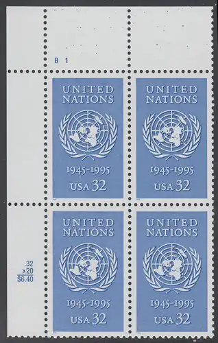 USA Michel 2582 / Scott 2974 postfrisch PLATEBLOCK ECKRAND oben links m/ Platten-# B1 (c) - 50 Jahre Vereinte Nationen (UNO)