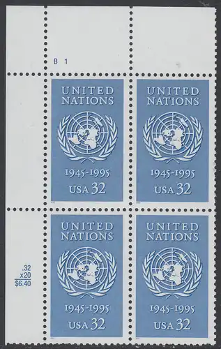 USA Michel 2582 / Scott 2974 postfrisch PLATEBLOCK ECKRAND oben links m/ Platten-# B1 (d) - 50 Jahre Vereinte Nationen (UNO)