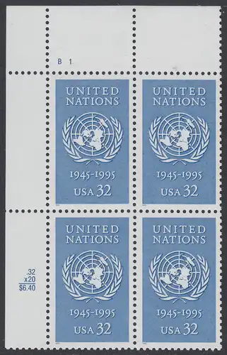 USA Michel 2582 / Scott 2974 postfrisch PLATEBLOCK ECKRAND oben links m/ Platten-# B1 (e) - 50 Jahre Vereinte Nationen (UNO)