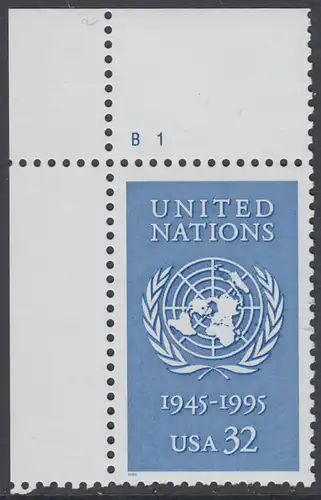 USA Michel 2582 / Scott 2974 postfrisch EINZELMARKE ECKRAND oben links m/ Platten-# B1 - 50 Jahre Vereinte Nationen (UNO)