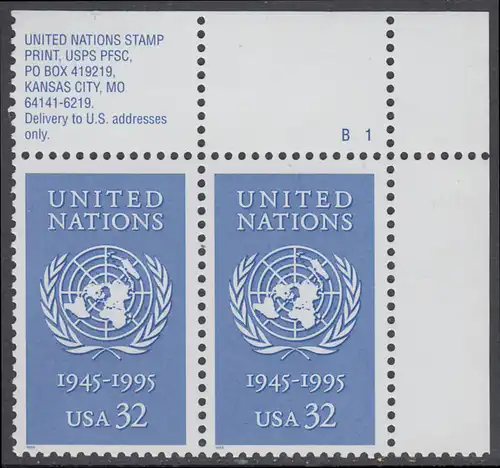 USA Michel 2582 / Scott 2974 postfrisch horiz.PAAR ECKRAND oben rechts m/ Platten-# B1 - 50 Jahre Vereinte Nationen (UNO)