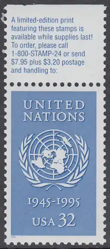 USA Michel 2582 / Scott 2974 postfrisch EINZELMARKE RAND oben m/ Inschrift - 50 Jahre Vereinte Nationen (UNO)