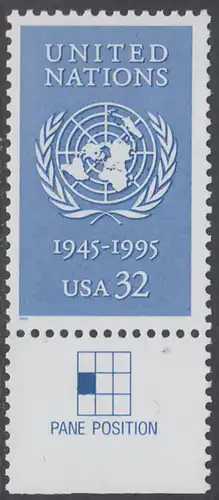 USA Michel 2582 / Scott 2974 postfrisch EINZELMARKE RAND unten (a1) - 50 Jahre Vereinte Nationen (UNO)