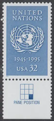 USA Michel 2582 / Scott 2974 postfrisch EINZELMARKE RAND unten (a3) - 50 Jahre Vereinte Nationen (UNO)