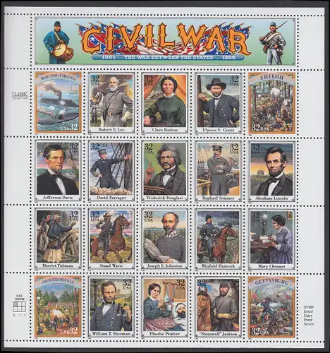 USA Michel 2583-2602 / Scott 2975 postfrisch BOGEN(20) (a1) - Persönlichkeiten und Darstellungen aus dem amerikanischen Bürgerkrieg (1861-1865)