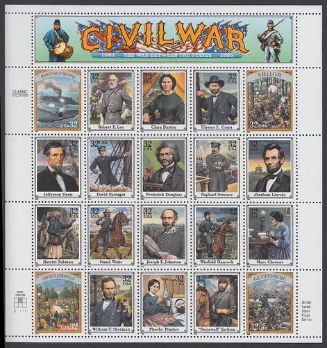 USA Michel 2583-2602 / Scott 2975 postfrisch BOGEN(20) (a2) - Persönlichkeiten und Darstellungen aus dem amerikanischen Bürgerkrieg (1861-1865)