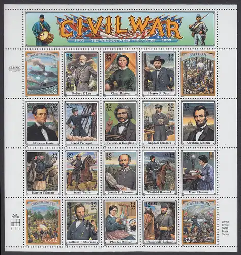USA Michel 2583-2602 / Scott 2975 postfrisch BOGEN(20) (a4) - Persönlichkeiten und Darstellungen aus dem amerikanischen Bürgerkrieg (1861-1865)