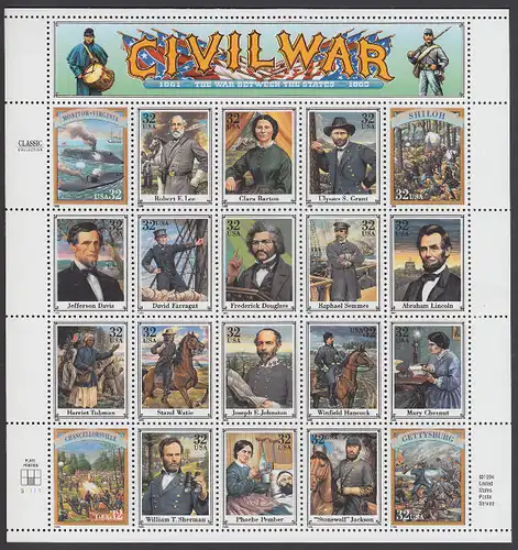 USA Michel 2583-2602 / Scott 2975 postfrisch BOGEN(20) (a5) - Persönlichkeiten und Darstellungen aus dem amerikanischen Bürgerkrieg (1861-1865)