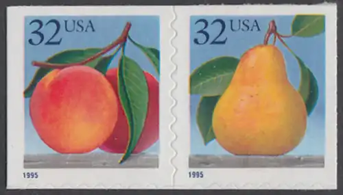 USA Michel 2603-2604 / Scott 2493-2694 postfrisch horiz.PAAR (a1) - Früchte: Pfirsiche/Birne