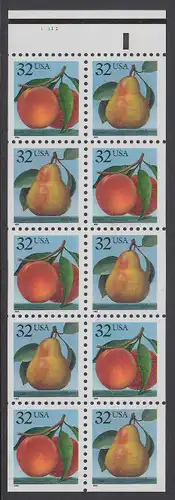 USA Michel 2605-2606 / Scott 2488a postfrisch Markenheftchenblatt(10) RÄNDER oben m/ Platten-# - Früchte: Pfirsiche/Birne