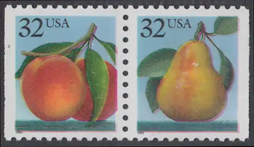 USA Michel 2605-2606 / Scott 2487-2488 postfrisch horiz.PAAR (a1) - Früchte: Pfirsiche/Birne
