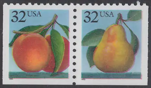 USA Michel 2605-2606 / Scott 2487-2488 postfrisch horiz.PAAR (a3) - Früchte: Pfirsiche/Birne