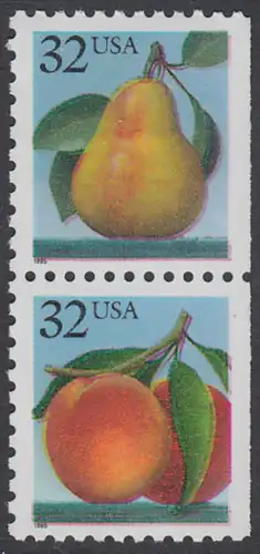 USA Michel 2605-2606 / Scott 2487-2488 postfrisch vert.PAAR (a1) - Früchte: Pfirsiche/Birne