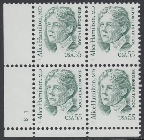 USA Michel 2607 / Scott 2940 postfrisch PLATEBLOCK ECKRAND unten links m/ Platten-# B1 (a) - Amerikanische Persönlichkeiten: Alice Hamilton (1869-1970), Medizinerin und Sozialreformerin