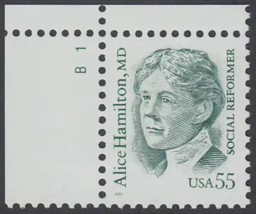 USA Michel 2607 / Scott 2940 postfrisch EINZELMARKE ECKRAND oben links m/ Platten-# B1 - Amerikanische Persönlichkeiten: Alice Hamilton (1869-1970), Medizinerin und Sozialreformerin