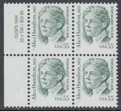 USA Michel 2607 / Scott 2940 postfrisch BLOCK RÄNDER links m/ copyright symbol - Amerikanische Persönlichkeiten: Alice Hamilton (1869-1970), Medizinerin und Sozialreformerincopyright symbol 