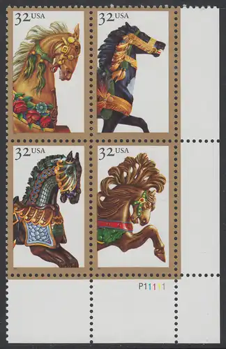 USA Michel 2608-2611 / Scott 2976-2979 postfrisch PLATEBLOCK ECKRAND unten rechts m/ Platten-# P11111 (a) - Karussellpferde