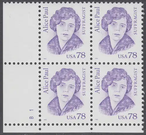 USA Michel 2613 / Scott 2943 postfrisch PLATEBLOCK ECKRAND unten links m/ Platten-# B1 - Amerikanische Persönlichkeiten: Alice Paul (1885-1977), Frauenrechtlerin
