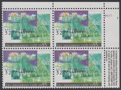 USA Michel 2614 / Scott 2980 postfrisch PLATEBLOCK ECKRAND oben rechts m/ Platten-# P1111-1 (b) - Frauenwahlrecht: 75 Jahre 19. Verfassungszusatz