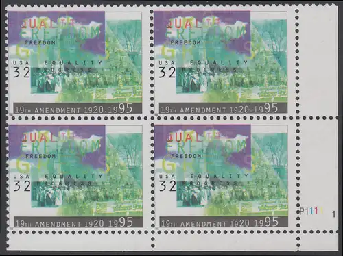 USA Michel 2614 / Scott 2980 postfrisch PLATEBLOCK ECKRAND unten rechts m/ Platten-# P1111-1 (a) - Frauenwahlrecht: 75 Jahre 19. Verfassungszusatz