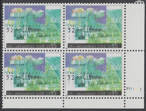 USA Michel 2614 / Scott 2980 postfrisch PLATEBLOCK ECKRAND unten rechts m/ Platten-# P1111-1 (b) - Frauenwahlrecht: 75 Jahre 19. Verfassungszusatz