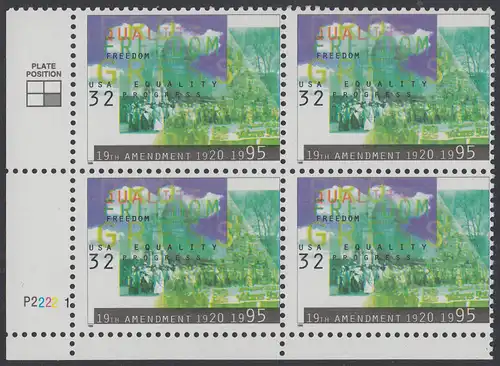 USA Michel 2614 / Scott 2980 postfrisch PLATEBLOCK ECKRAND unten links m/ Platten-# P2222-1 (c) - Frauenwahlrecht: 75 Jahre 19. Verfassungszusatz