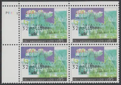 USA Michel 2614 / Scott 2980 postfrisch PLATEBLOCK ECKRAND oben links m/ Platten-# P1111-1 (c) - Frauenwahlrecht: 75 Jahre 19. Verfassungszusatz