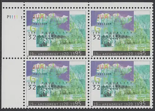 USA Michel 2614 / Scott 2980 postfrisch PLATEBLOCK ECKRAND oben links m/ Platten-# P1111-1 (a) - Frauenwahlrecht: 75 Jahre 19. Verfassungszusatz